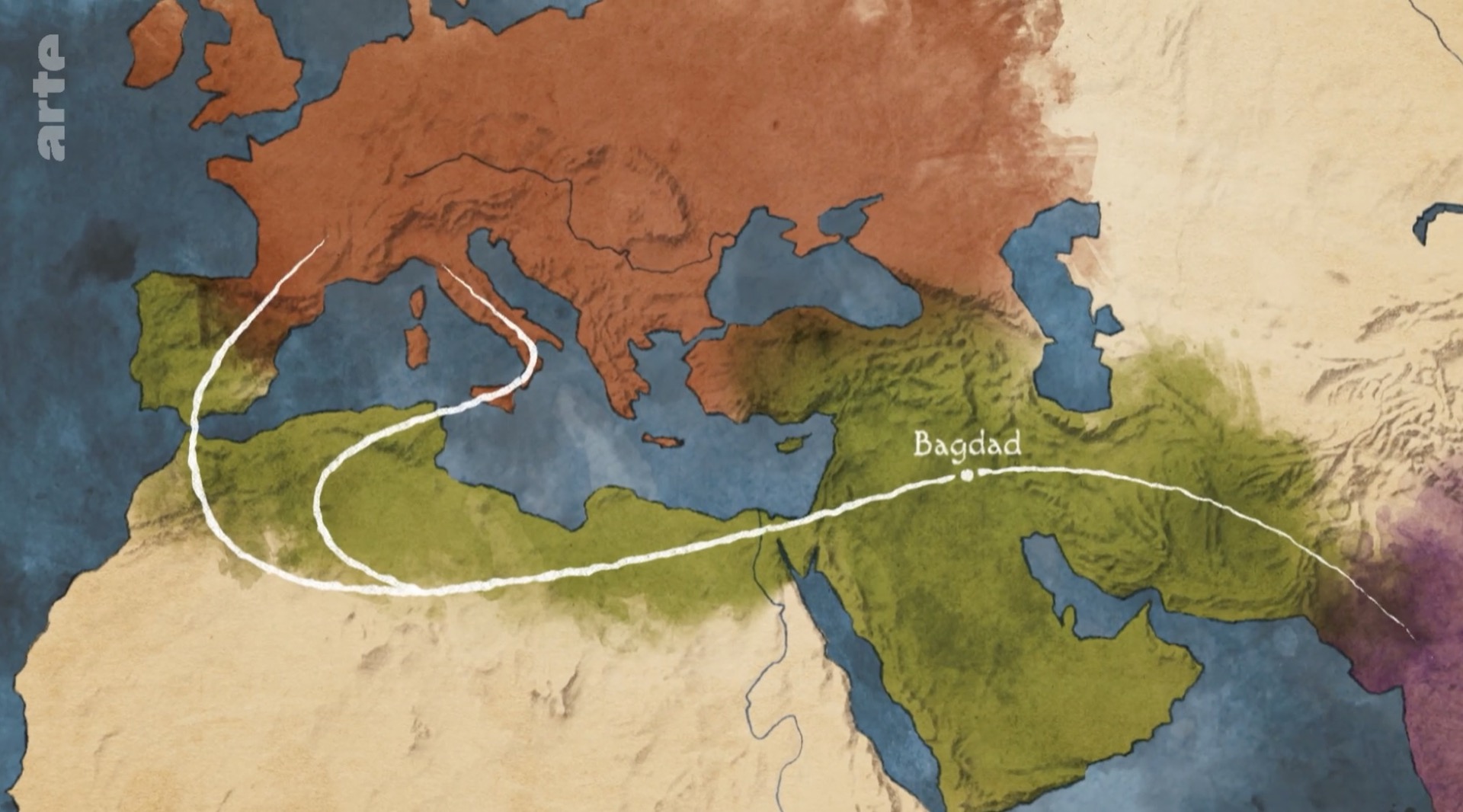 Carte animée retraçant la diffusion des chiffres arabes vers Bagdad et l'Europe